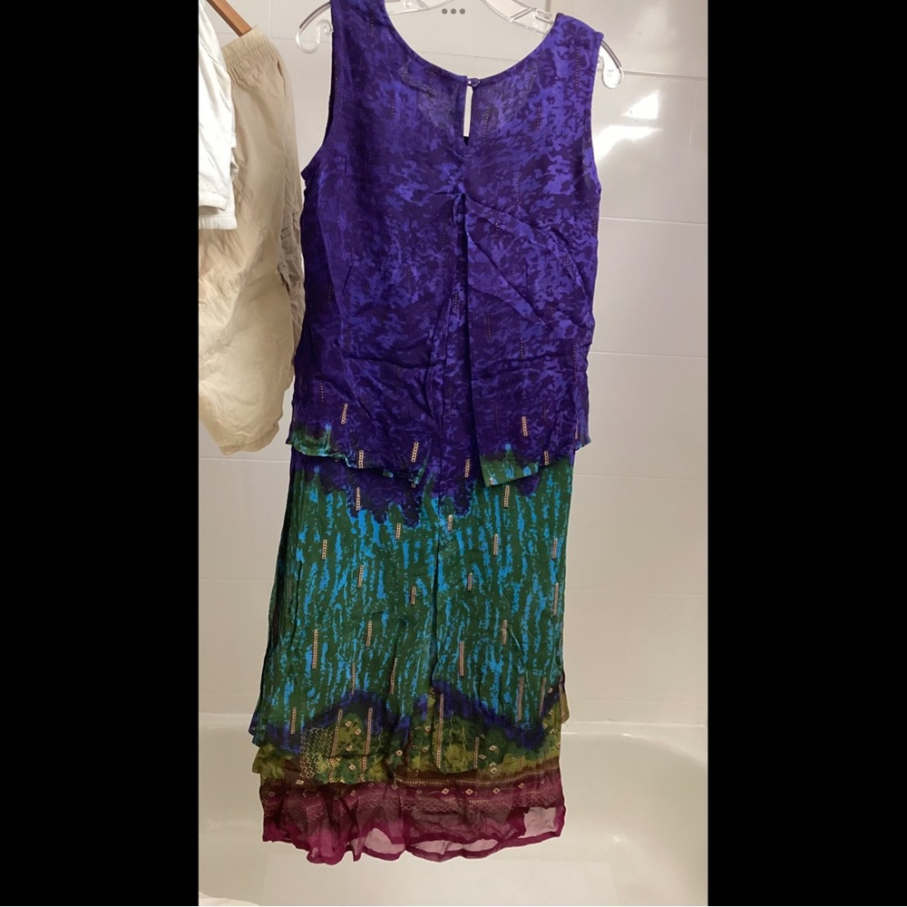 S Pyramid Collection 3 Layered Blue Green Gold Crepe Y2K Goddess Gown
